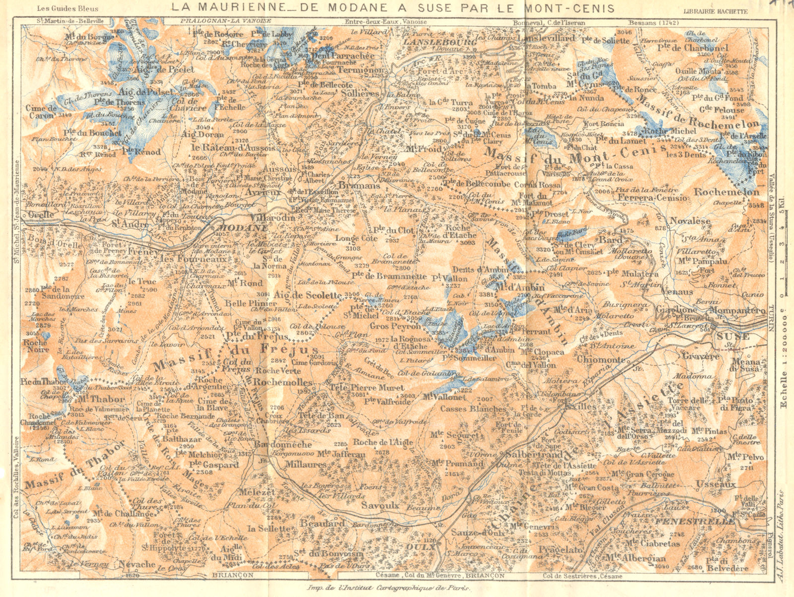 SAVOIE. La Maurienne- de Modane a suse par le Mont- Cenis 1925 old vintage map
